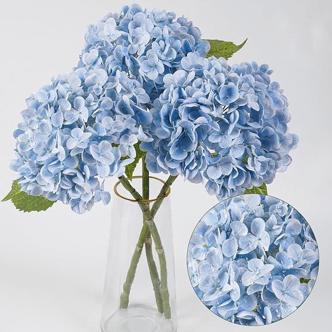 BonBloom's 3 Pcs Blue Faux Hydrangea Flowers 21 inches Hydrangea Artificial Flowers Latex Real Touch Flowers for Wedding Centerpieces Home Party Table Garden Outdoor Decoration