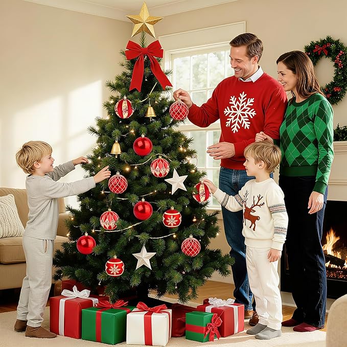 EveryMerry 24-Pack 3.1 Inch Christmas Ornaments Set - Red & Gold Ornament Balls with 5 Various Designs, Decorations with Strings, Sturdy, Kraft Box with Lid for Xmas Tree, Holiday Party & Home Decor