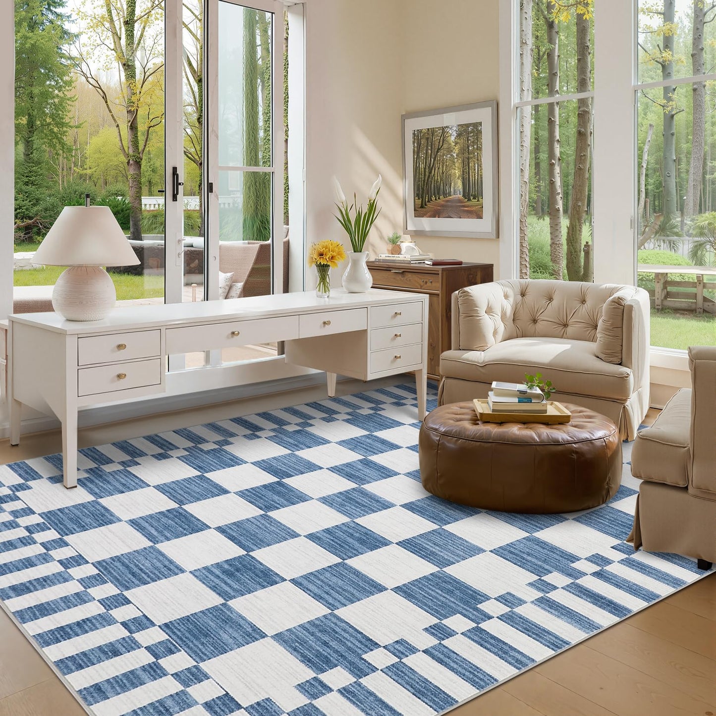 GarveeHome Dark Blue Checkered Rug 5×7 Area Rugs for Living Room，Non-Slip Washable Rug Soft Low-Pile, Neutral Modern Farmhouse Geometric Rugs for Bedroom Dining Room Office