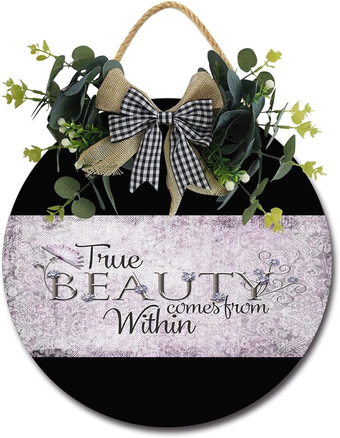 True Beauty Front Door Sign Funny Wreaths Hanging Wooden Plaque Decoration Round Rustic Wood Farmhouse Porch Decor for Home Front Door Decor, 12 x 12 Inch