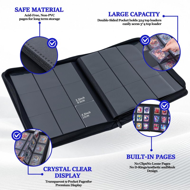 MGCLBR Top Loader Binder – Holds 324 Cards (20 Hard Sleeves Included),9-Pocket Side-Loading Card Binder Ringless Double-Sided – Perfect for Trading/Sports Cards & Tournaments