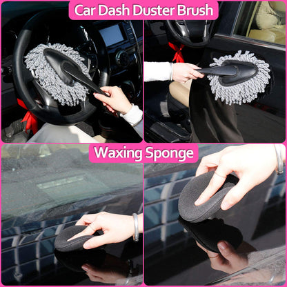 THINKWORK 17Pcs Car Cleaning Kit with Storage Box, Pink Car Washing Gift for Women - Cleaning Gel, Microfibre Cloth, Wheel Brush, Mitt, Duster, Squeegee - for Car Interior and Exterior Cleaning