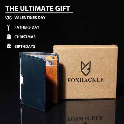 FOXHACKLE Leather Credit Card Holder for Men, Thin Bifold RFID Blocking Wallet, Slim Front Pocket Minimalist Wallet, Small Card Case (Blue Tan)