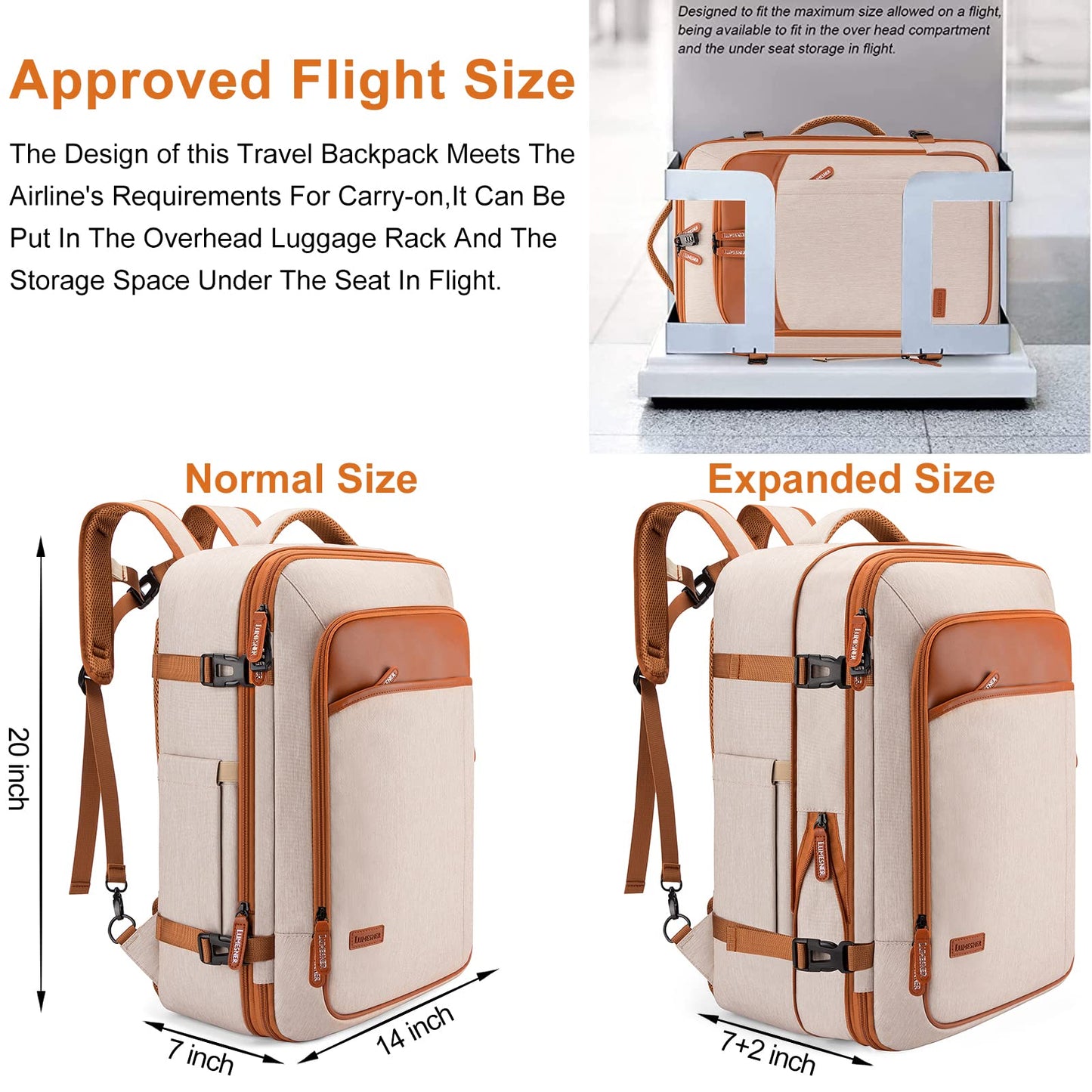 Carry on Travel Backpacks, Extra Large 40L Flight Approved Bag for Men & Women,Expandable Suitcase Backpack With 4 Packing Cubes,Water Resistant Luggage Daypack Business Weekender Bag,Beige