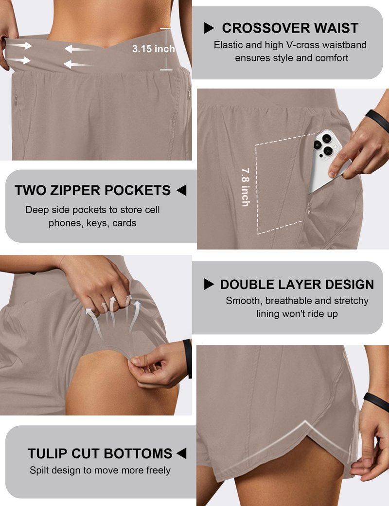 Blooming Jelly Women's Workout Shorts Athletic Running Crossover High Waisted Gym Sport Yoga Shorts with Zipper Pockets (Khaki,Small)