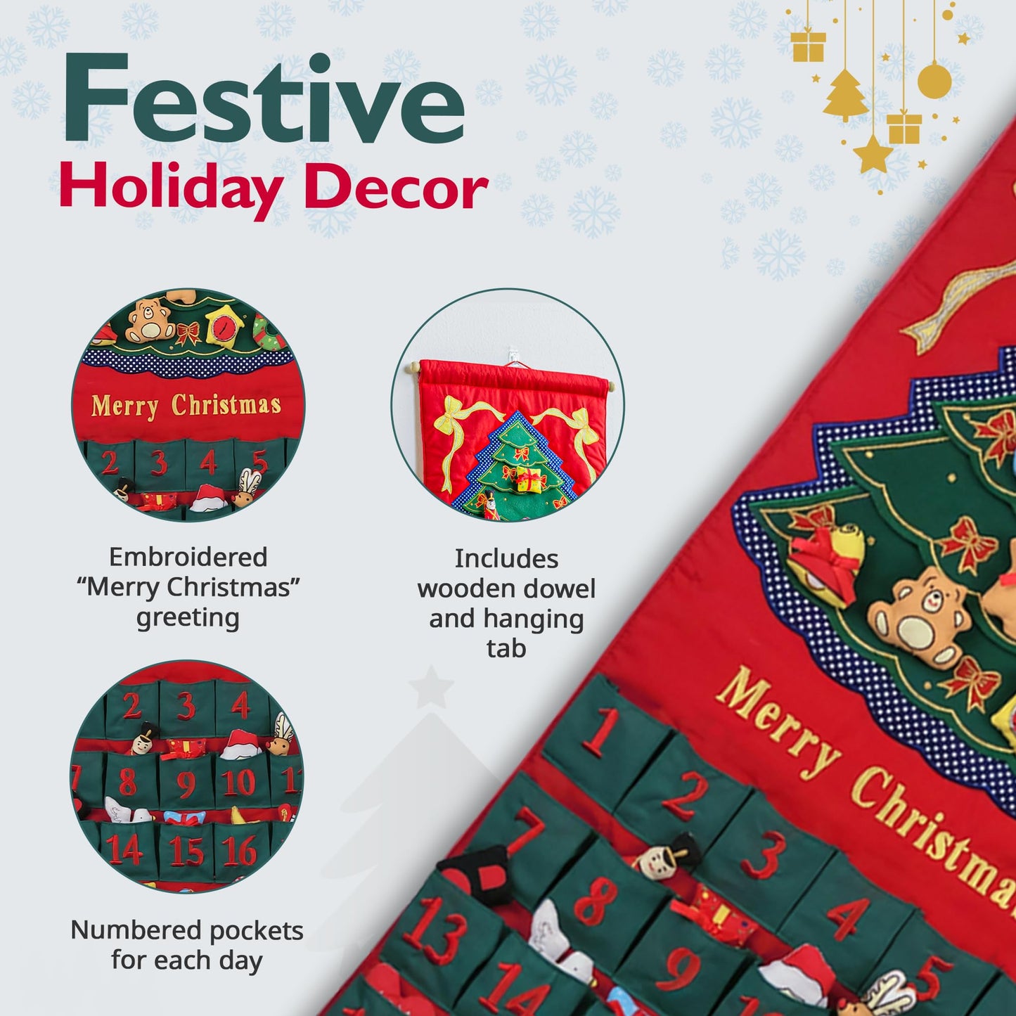 Merry Christmas Green Tree Advent Calendar by Pockets of Learning | Festive Holiday Décor, Seasonal Fabric Wall Hanging | Cloth Christmas Countdown w/ 24 Stuffed Cloth Ornaments