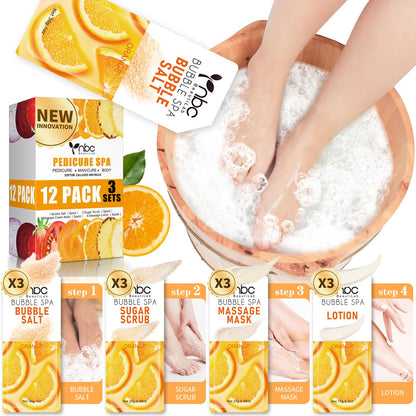 Pedicure Kit Foot Soak Set: Bubble Salt, Sugar Scrub, Massage Mask, Massage Lotion in a Box, 4 Step Foot Spa Kit for Dry Feet,Tired Feet（3 Set Tropical Fruit)