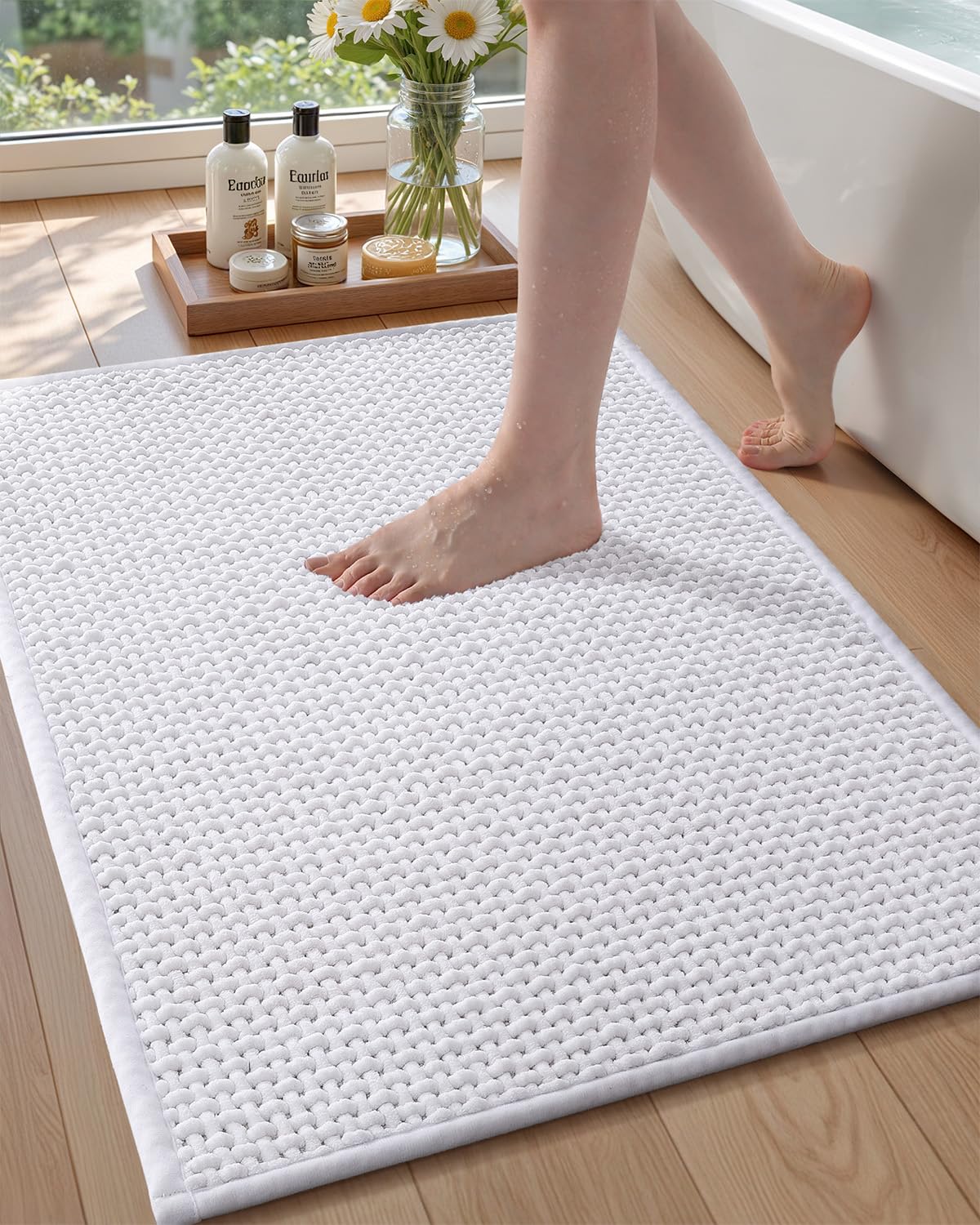 Color&Geometry Rubber Backed Waffle Bath Mat 24x16, Non Slip Water Washable Bathroom Rugs, Soft Absorbent Chenille Boho Carpet for Bathroom Floor, Tub and Shower, White