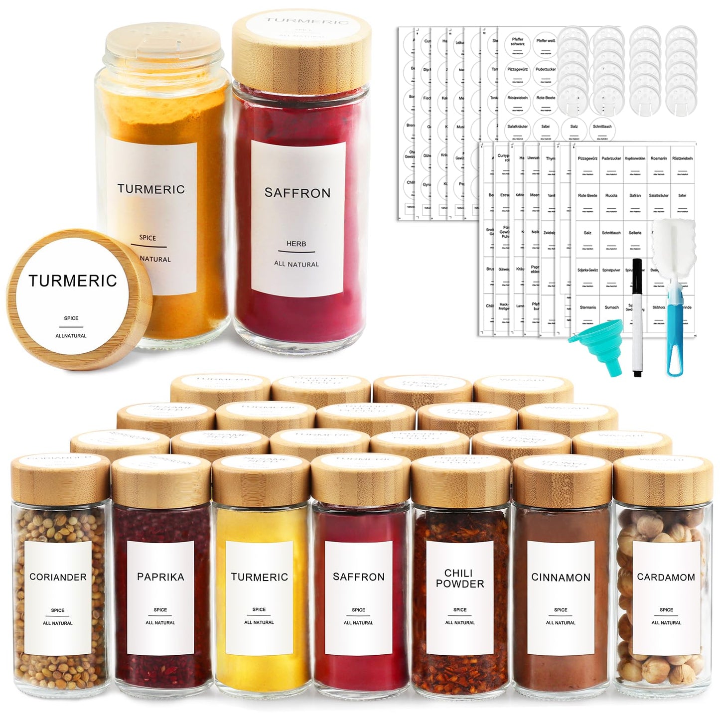 AISIPRIN Glass Spice Jars with 398 Labels, 24 pcs 4oz Spice Containers with Bamboo Lids, Square Spice Bottles With Shaker Lids,Spice Organization for Cabinet,Drawer,Rack,Seasoning Organizer