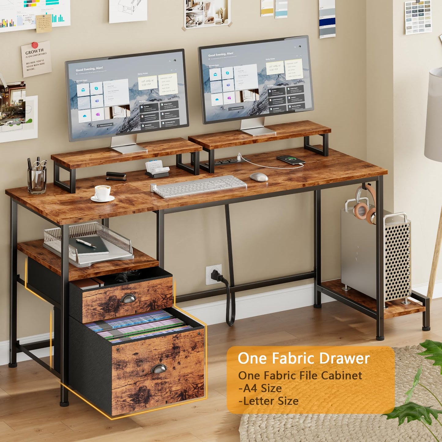 Furologee 47" Computer Desk with File Cabinet and Power Outlets, Home Office Desk with 2 Monitor Stands and Storage Drawer, Writing Gaming Table with Shelves and 2 Hooks for Bedroom, Rustic Brown