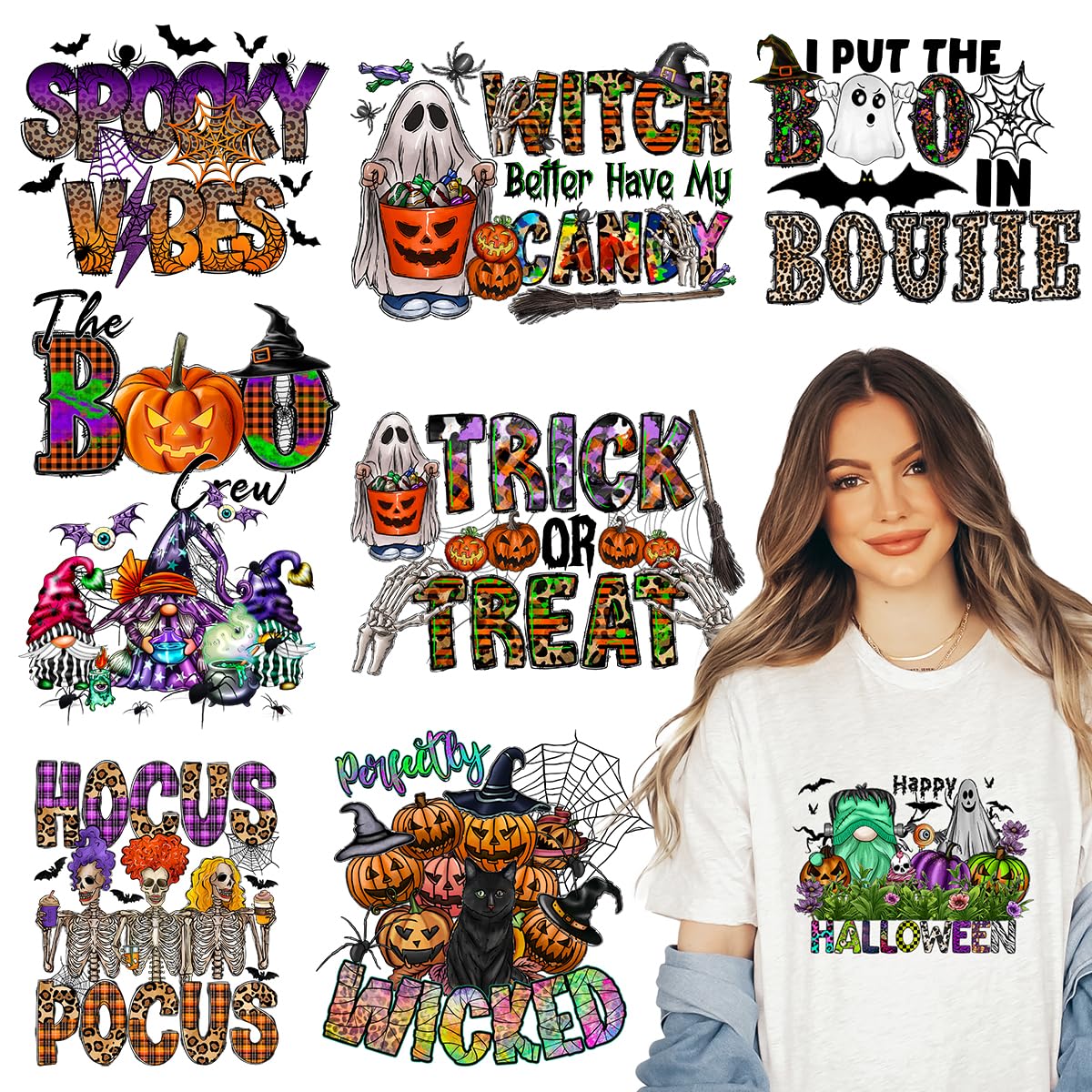 Kaciola 9 Sheets Halloween Iron on Transfers, Ghost DTF Transfers Ready to Press Iron on Decals for T Shirts Hoodie DIY Crafts