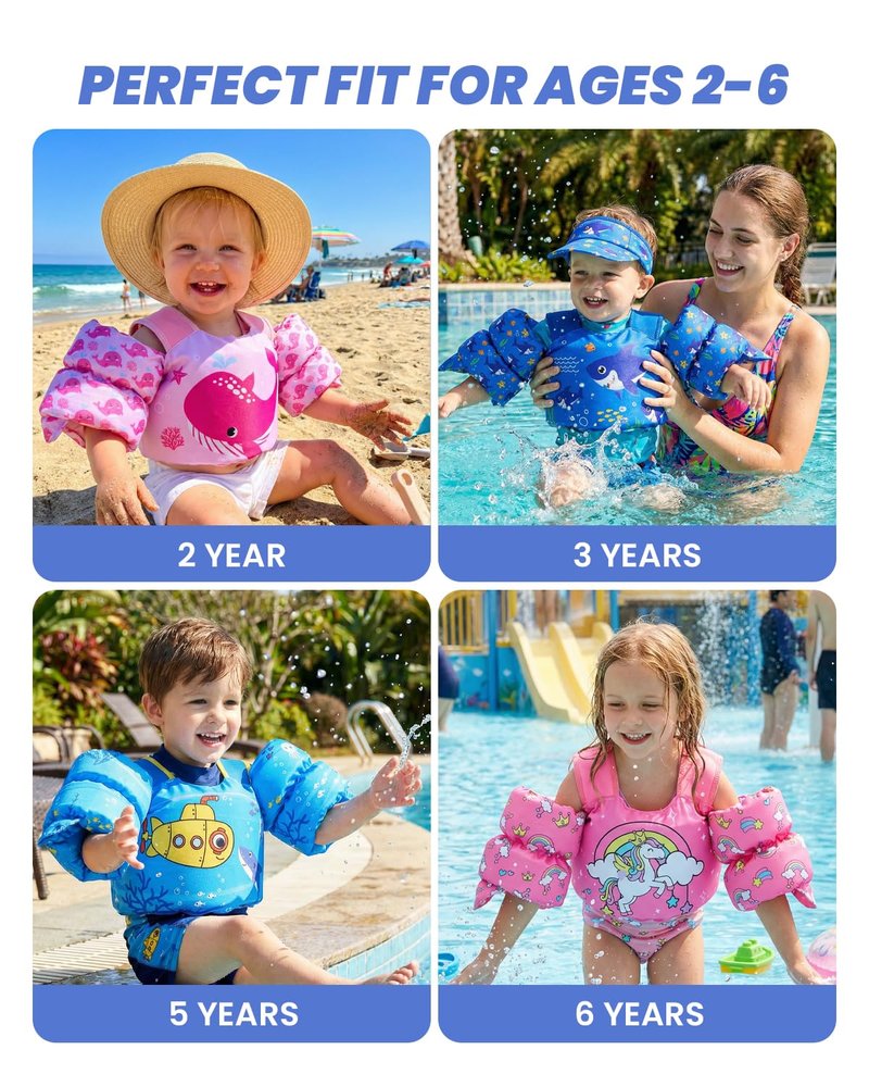 Gogokids 2-in-1 Toddler Swim Vest Pool Floaties for Kids[CPC Certified & Remove Crotch Strap]Puddle Float Jumper 24-66 Pounds, Toddler Arm Floaties Swim Jacket Water Wings for kids Boys Girls Swimmies
