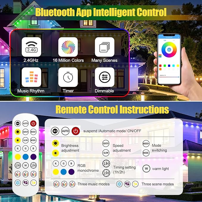 Permanent Outdoor Lights, 50ft RGB+IC Smart LED Lights Outside, IP67 Waterproof Smart Outdoor Decorations with App/Remote Control for Halloween, Christmas, Holiday, Daily, Party