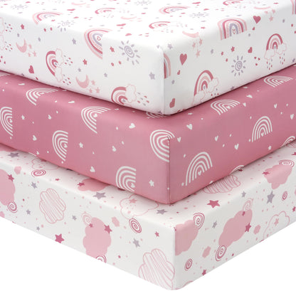 FIEMOL Baby Crib Sheets Girl, 3 Pack Toddler Bed Sheets Fitted for 52”x28” Standard Crib and Toddler Mattresses, Super Soft Microfiber Pink Rainbow