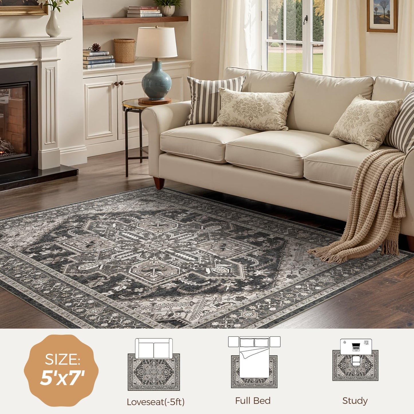 WITSHOCK Living Room Area Rugs 5x7: Washable Rug Boho Soft Non-Slip Low Pile Stain Resistant Foldable Carpet for Bedroom Playroom Dining Room Office Kitchen Farmhouse Home Decor Rug-Bitter Black