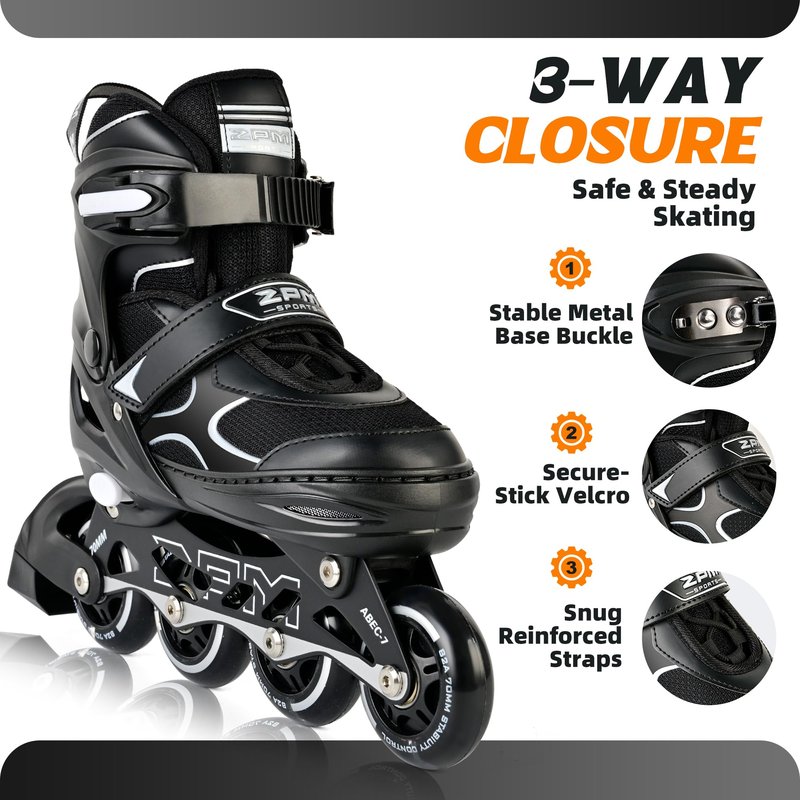 2PM SPORTS Inline Skates for Kids Girls Boys Ages 5-8 8-12 4-6 6-12 with Light Up Wheels, Adjustable Roller Skates Blades for Adults Men Women Male Beginners Youths, Black Large