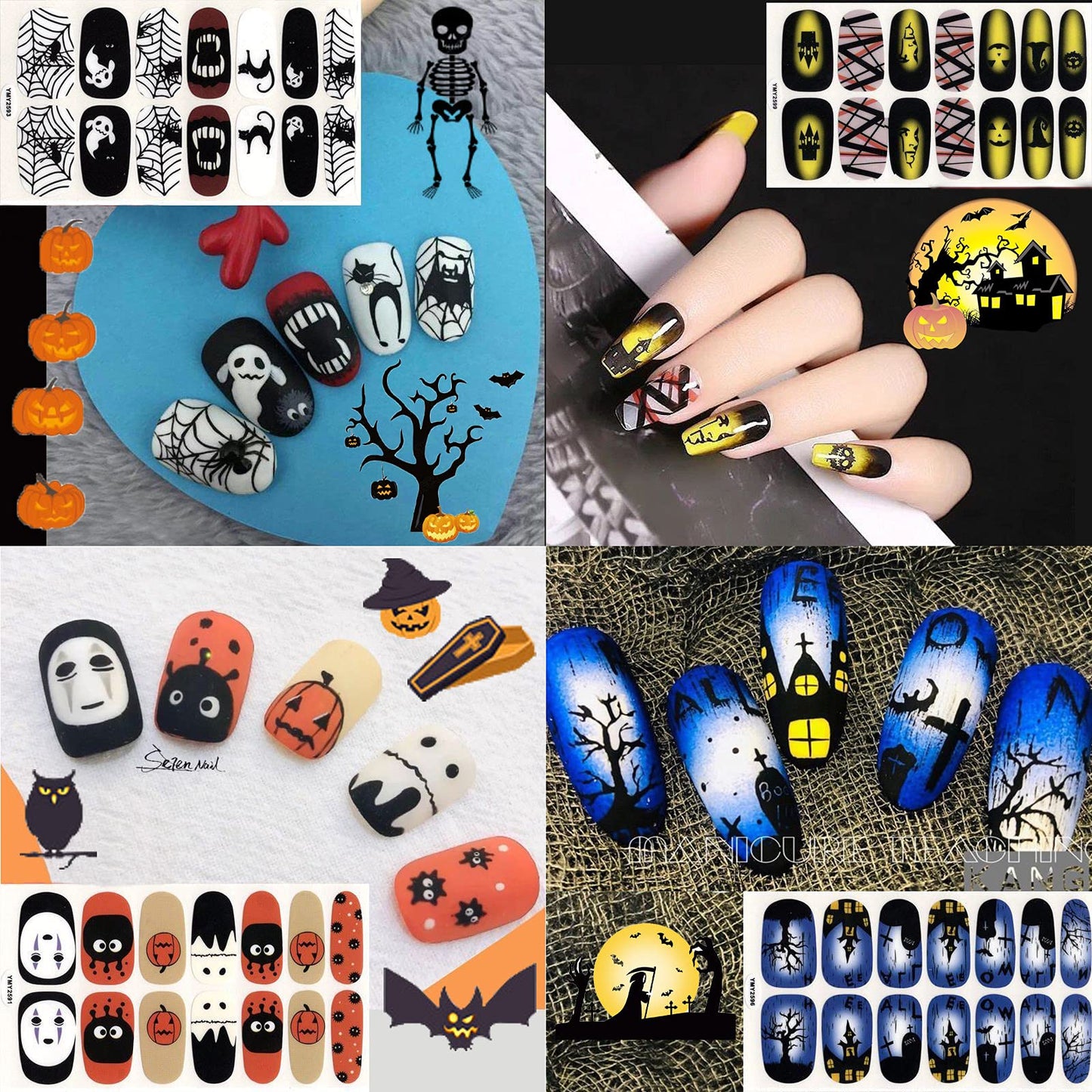SOGAYU 12 Sheets Halloween Full Nail Wraps Art Stickers, Nail Polish Strips Nail Decals DIY Self-Adhesive Pumpkin Bat Ghost Spider Vampire Pattern with 2 Piece Nail Files for Party Decor (168 Pieces)
