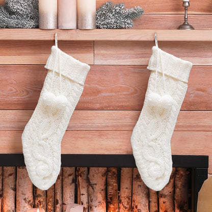Glitzhome 24" L White Knitted Polyester Christmas Stocking with Pom Pom Ball Oversize Christmas Stocking for Christmas Party Home Decoration