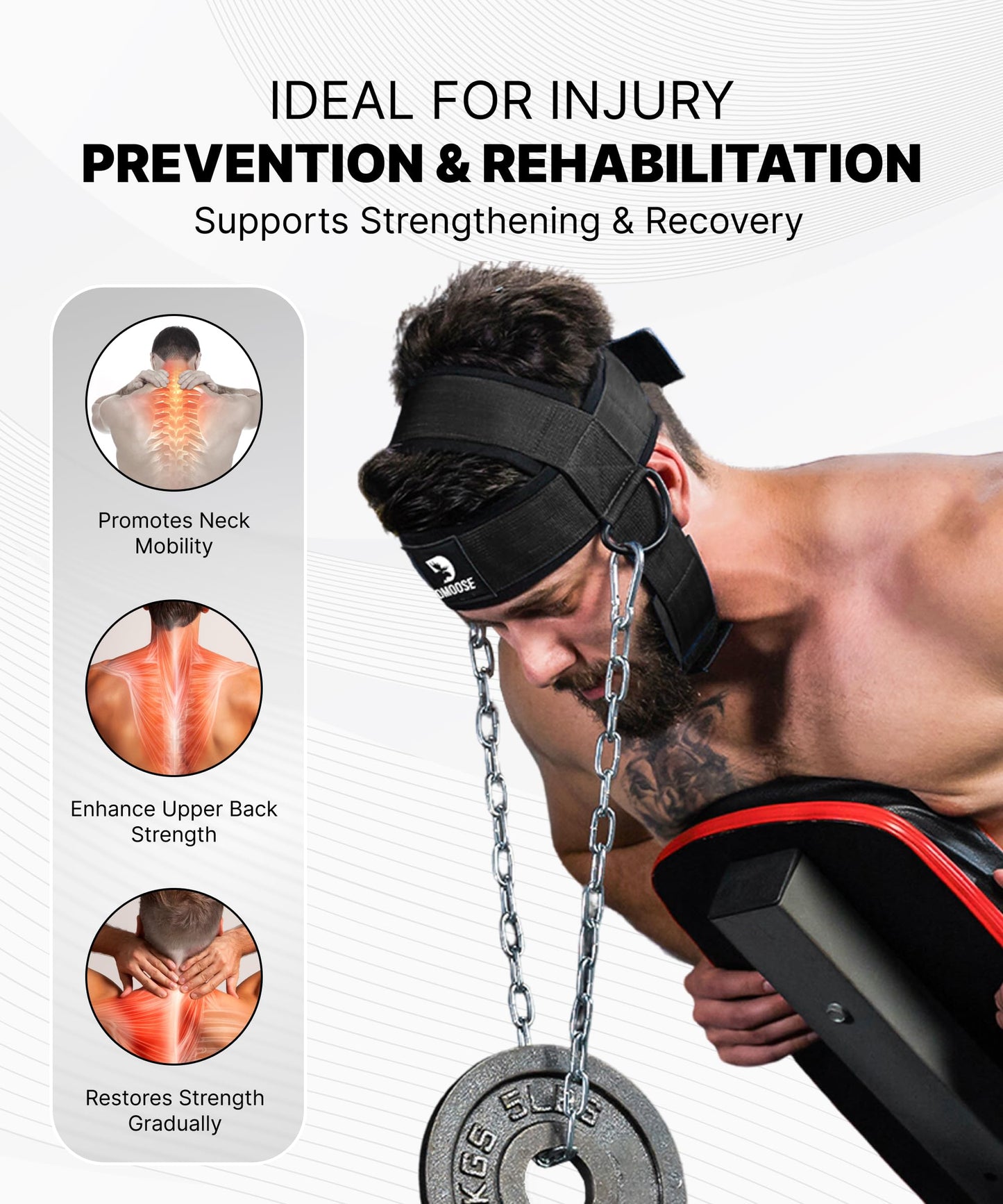 DMoose Fitness Neck Harness for Weight Lifting - Adjustable Head & Chin Strap with 30" Heavy Duty Steel Chain - Neck Exerciser, Trainer & Strengthener to Support Injury Recovery & Intense Workouts