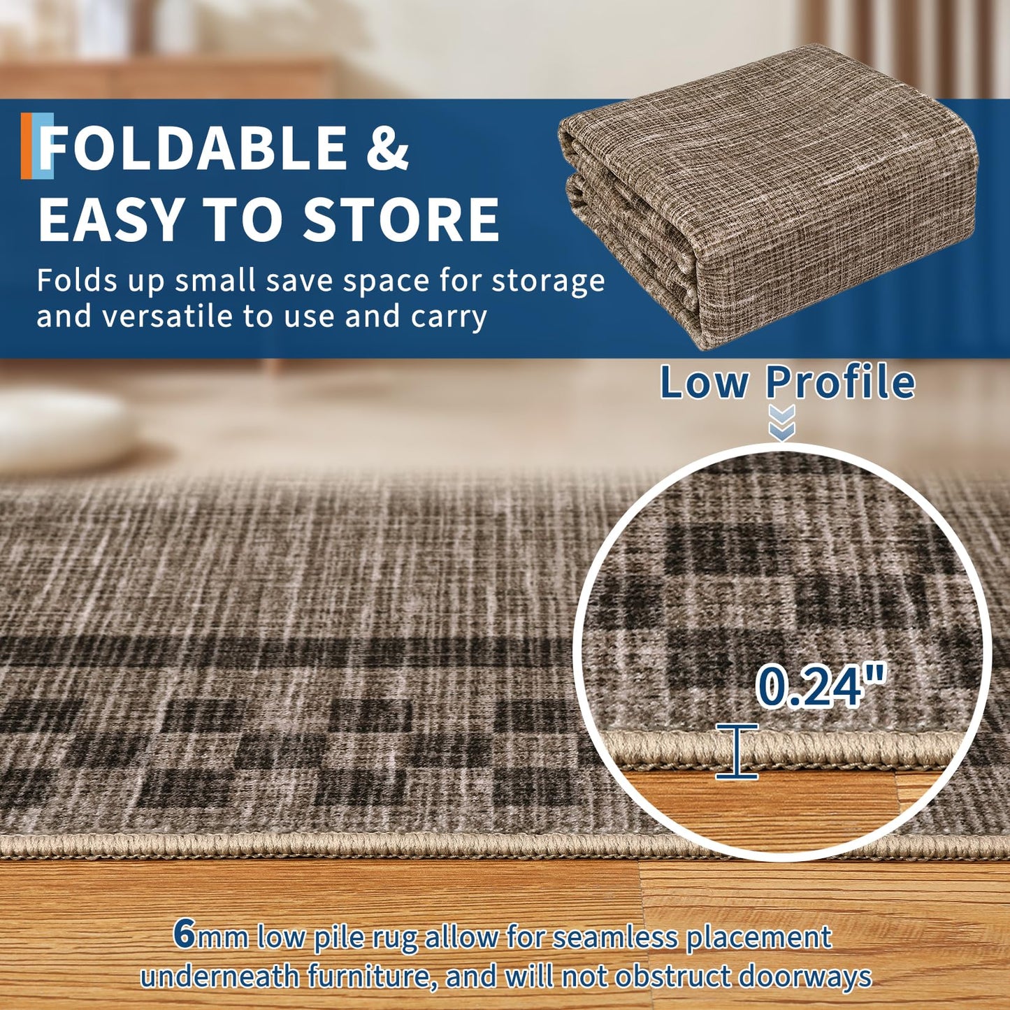GarveeHome Machine Washable 5x7 Area Rugs Modern Bordered Living Room Rug Non Slip Checkered Geometric Bedroom Throw Carpet Soft Boho Rugs for Dining Room Nursery Home Office, Brown