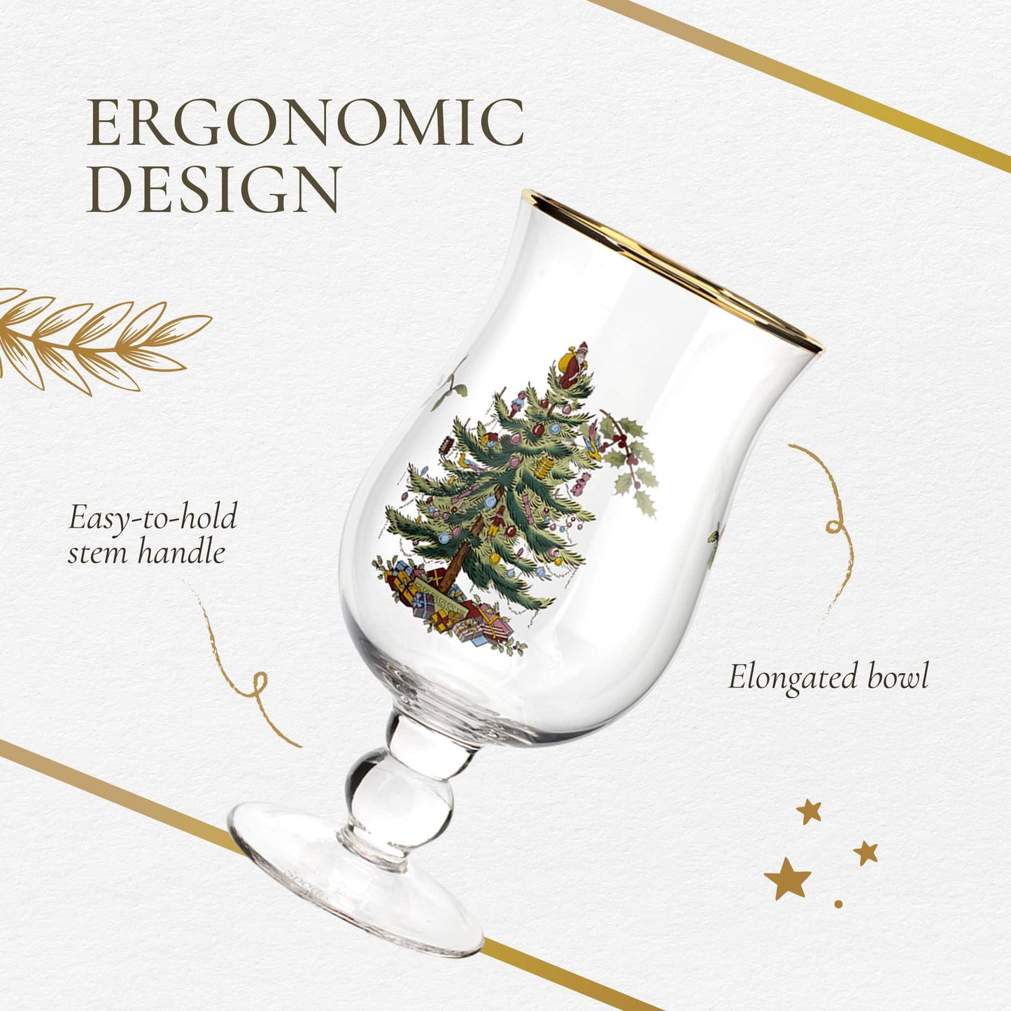 Spode Christmas Tree 17.5oz Tulip Glasses, Set of 4 - Gold-Rimmed Whimsical Holiday Glasses for Sparkling Wine & Champagne, Ideal for Holiday Brunches & New Year’s Celebrations