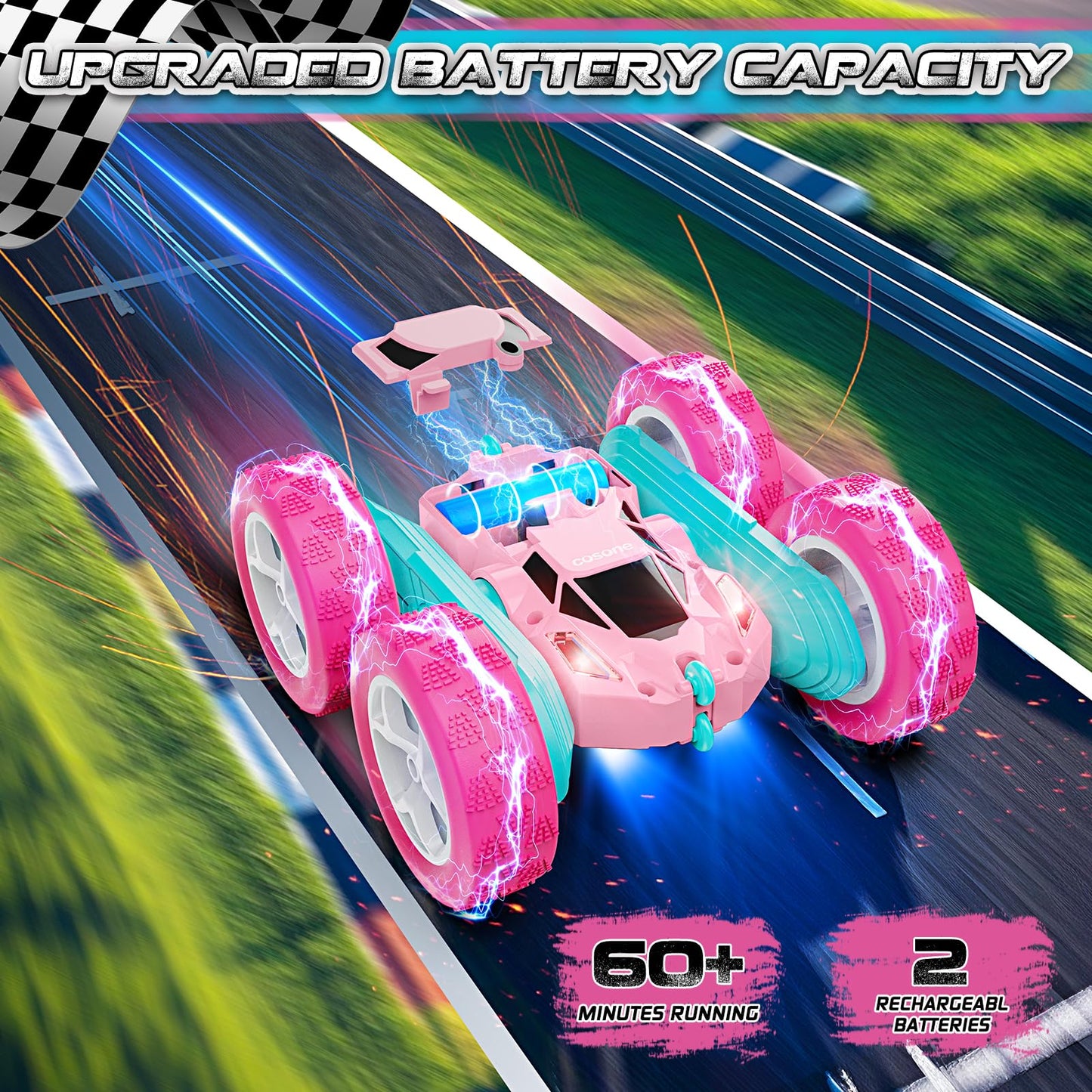cosone Pink Remote Control Car for Girls, RC Stunt Car Double Sided 360°Flip with Headlights, All Terrain Tires, Rechargeable Batteries Toy Car for 6 7 8 9 10 11 12 Girls Birthday