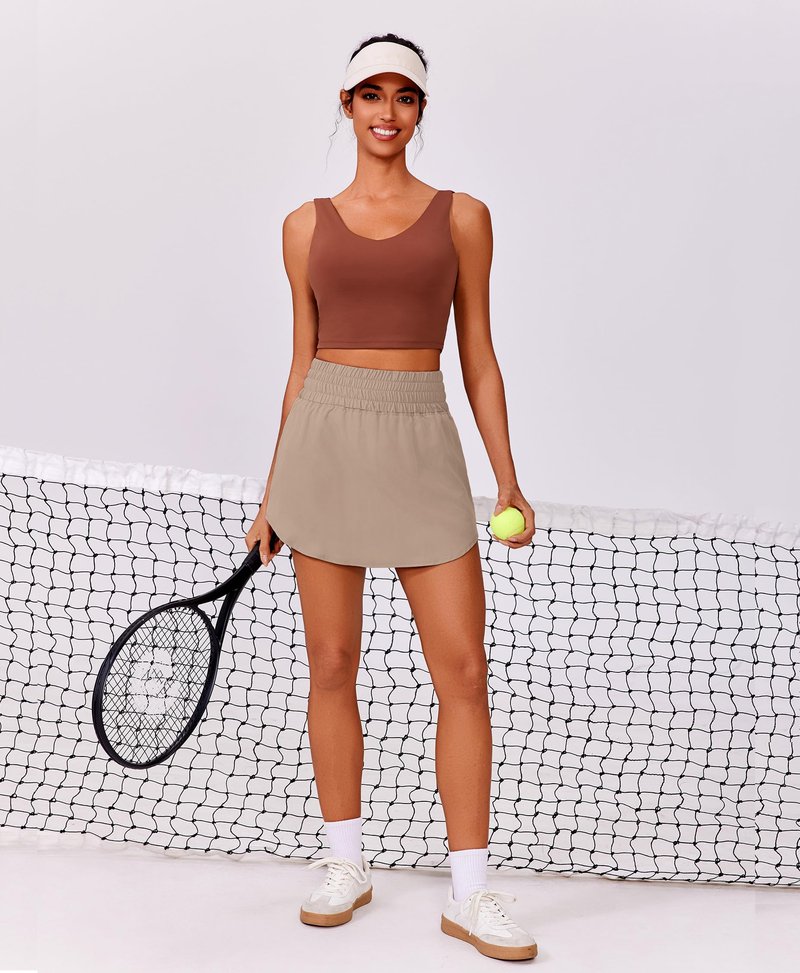 PINSPARK Tennis Skorts for Woman Lightweight Golf Skort Breathable Athletic Skirt Quick Dry Running Skirt 16" Pleated Pickleball Skirts, Khaki Small