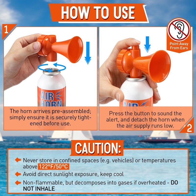 HappyAlley 2 Pack Large Air Horn for Safety 3.5oz, 122dB Very Loud Marine Air Horn for Boat, Coast Guard Approved, Great for Boat & Marine Safety, Sporting Events, Travels, Hiking (Orange)
