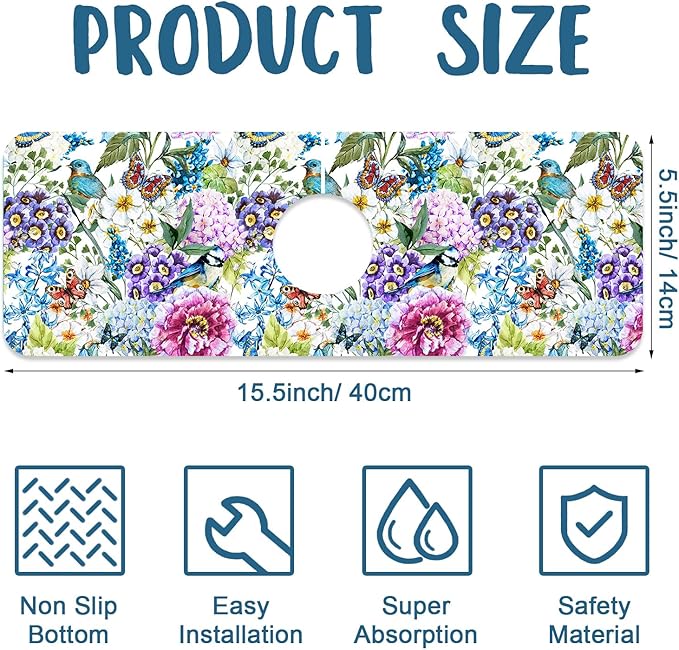 Beautiful Floral Kitchen Sink Splash Guard Faucet Mat Flower Bird Butterfly