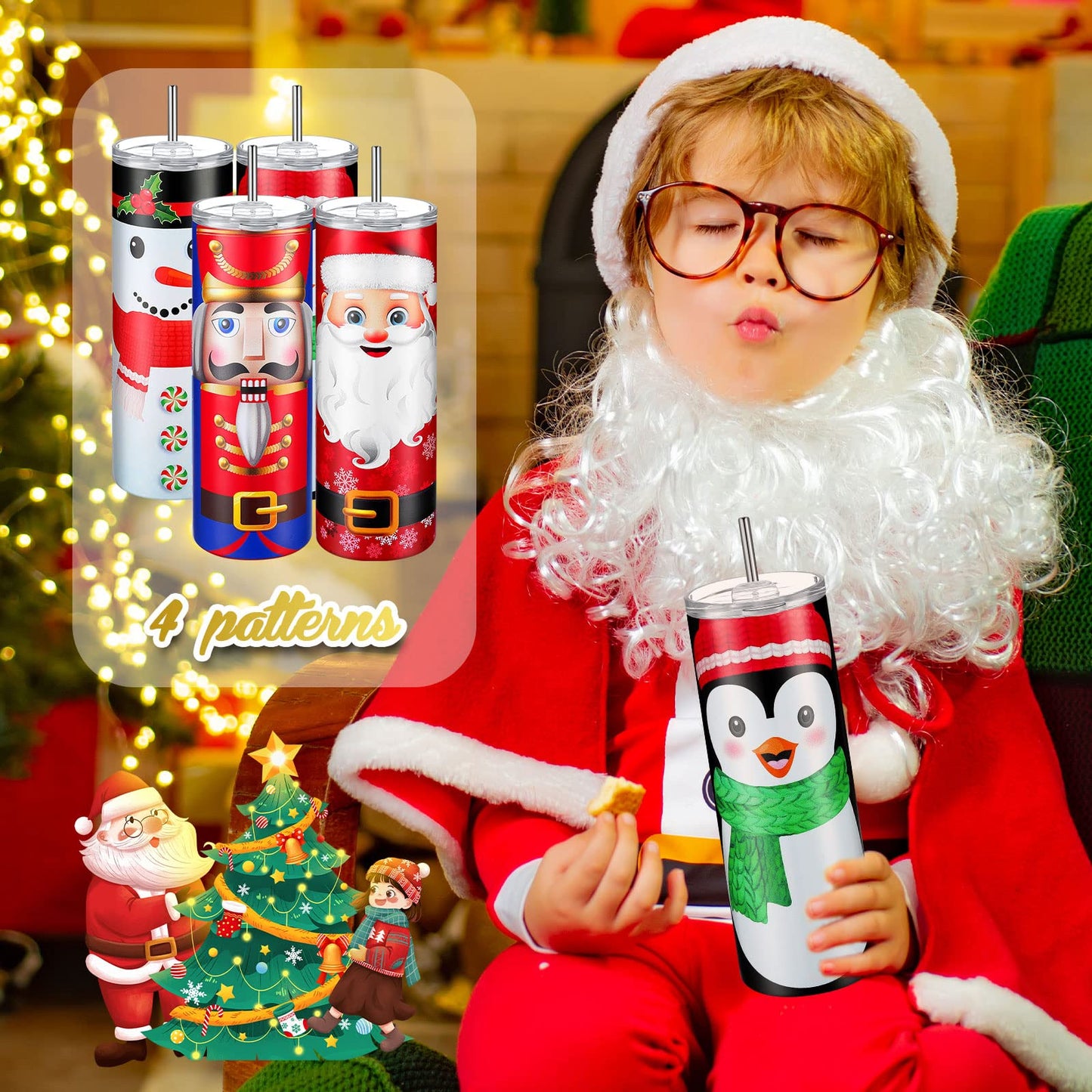 Maxdot 4 Pcs Christmas Tumbler with Lid and Straw Stainless Steel Christmas Cup Double-Insulated Water Travel Mug Vacuum Tumbler with Cleaning Brush Xmas Gift(Vivid Style,Red/green/white)