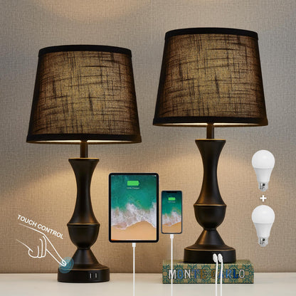 Luvkczc Black Touch Table Lamps Set of 2, 22" Tall Bedside Lamps with USB C+A Charging Ports, Nightstand Lamps for for Bedroom, Living Room, Office, with Black Lampshade, LED Bulb Included