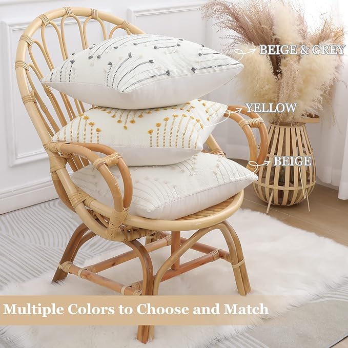 Mecatny Boho Outdoor Throw Pillow Covers 20X20 Set of 2, Farmhouse Decorative Pillow Covers for Couch Sofa Living Room, Beige & Cream White
