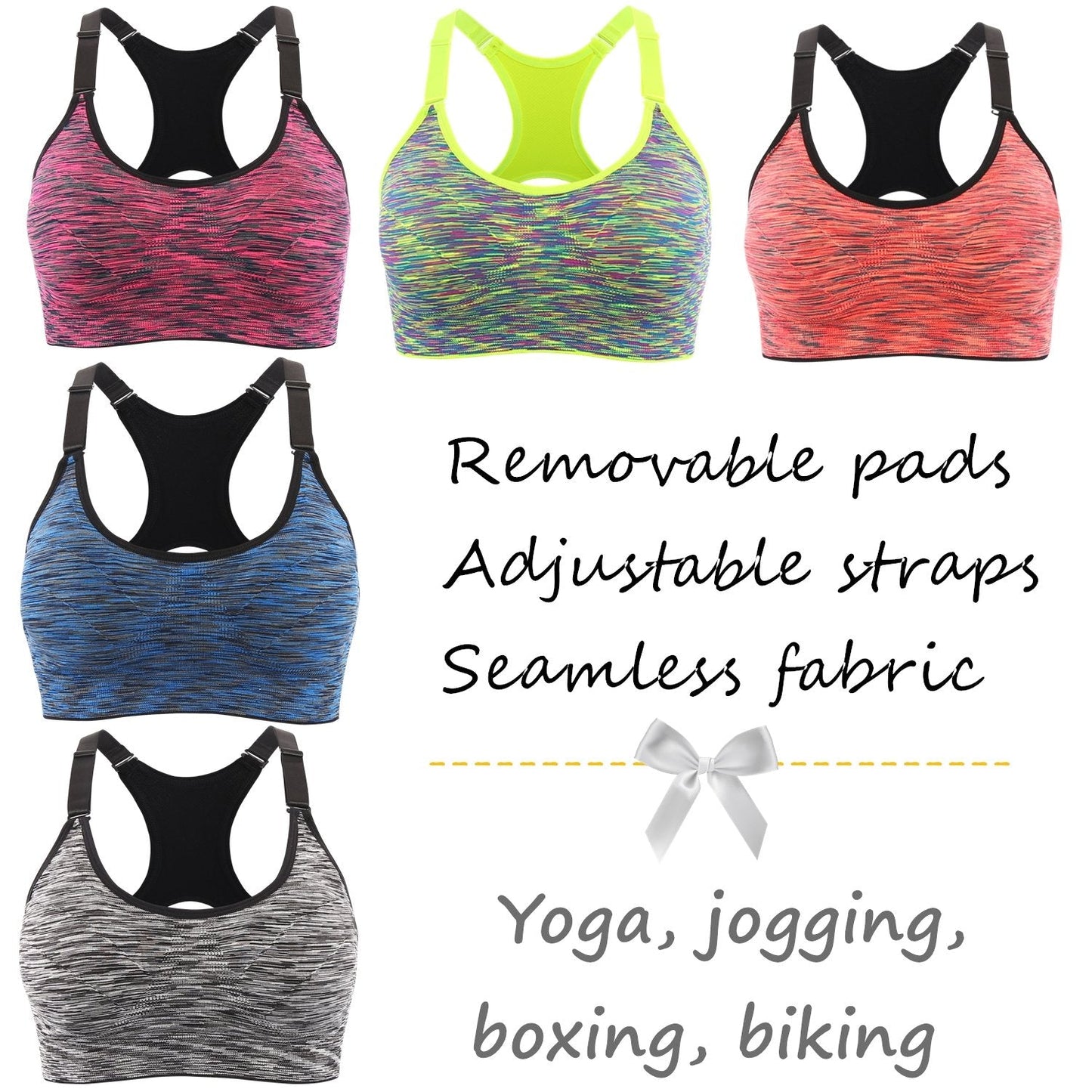 EMY Sports Bra for Women 1 2 3 5 Pack Space Dye Racerback Removable Pads for Fitness Gym Yoga Running (XL, 5 Pack)