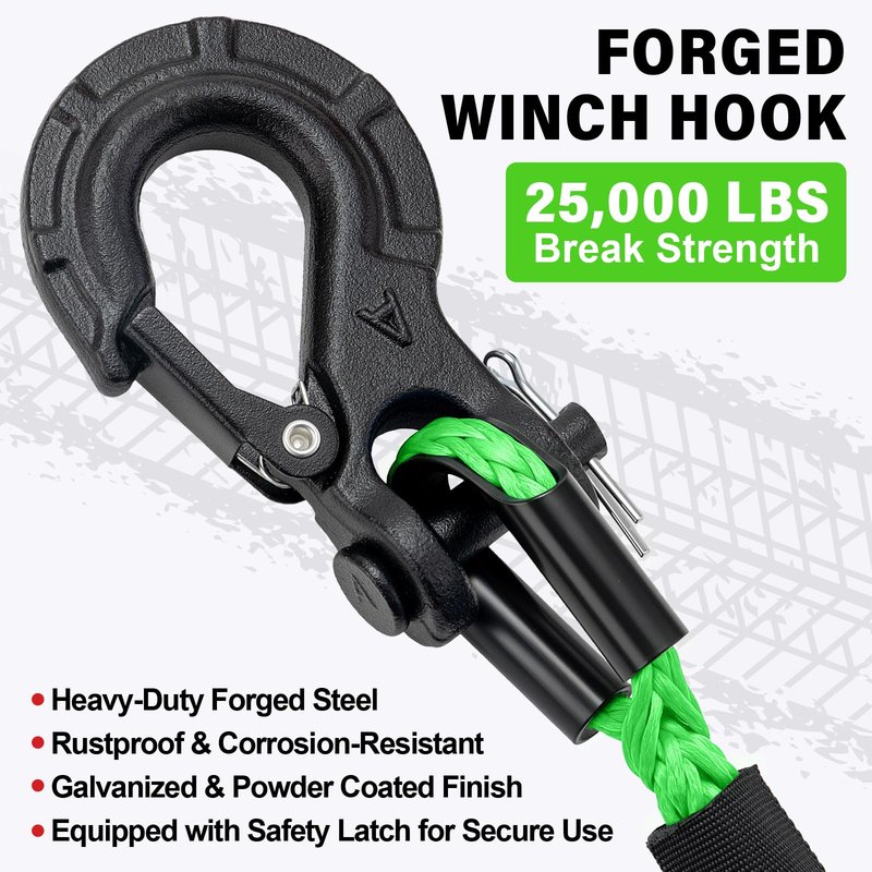 HOKINETY Synthetic Winch Rope Kit - 1/4" x 50' 10000 lbs Kinetic Recovery Cable for ATV UTV Off-Road Vehicles with Forged Hook, Rubber Stopper, Protective Sleeve and Safety Pull Strap - Green
