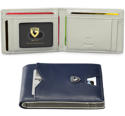 GSOIAX Mens Slim Wallet for Men Minimalist Genuine Leather Carbon Fiber Rfid Blocking Bifold Credit Card Holder With Gift Box (Dark Blue and Beige)