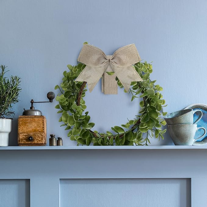WILLBOND 4 Pcs Christmas Kitchen Cabinet Wreath Boxwood Garland with Ribbon Greenery Garland Hanging Wreaths for Cabinet Wall Window Door Fireplace Party Farmhouse Decor(Burlap,Linen)