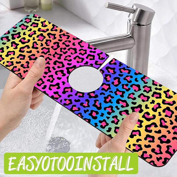 Sink Faucet Absorbing Mat Rainbow Colored Leopard Print Sink Splash Guard