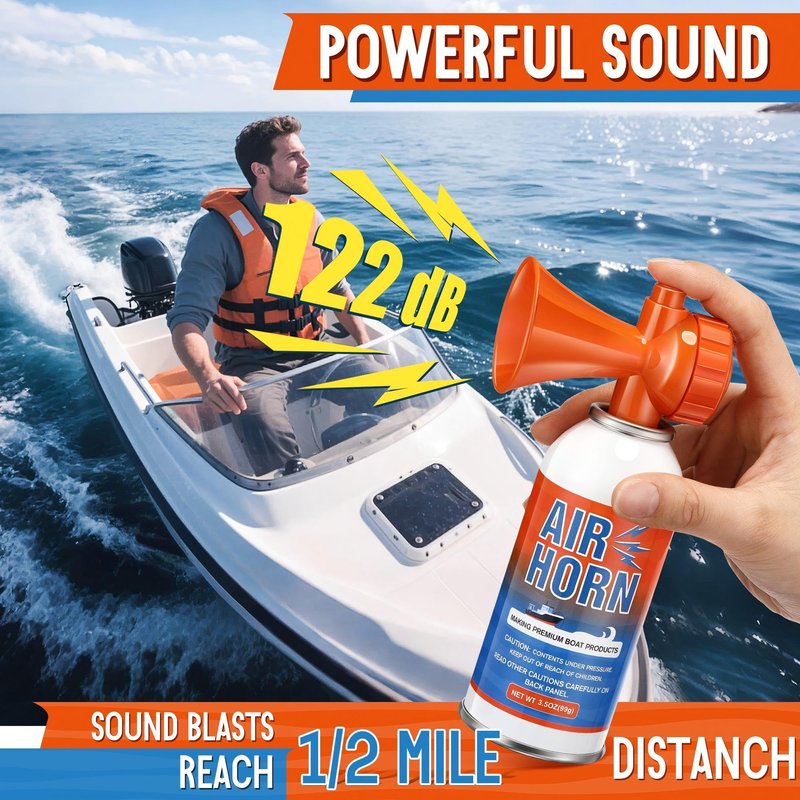 HappyAlley 2 Pack Large Air Horn for Safety 3.5oz, 122dB Very Loud Marine Air Horn for Boat, Coast Guard Approved, Great for Boat & Marine Safety, Sporting Events, Travels, Hiking (Orange)