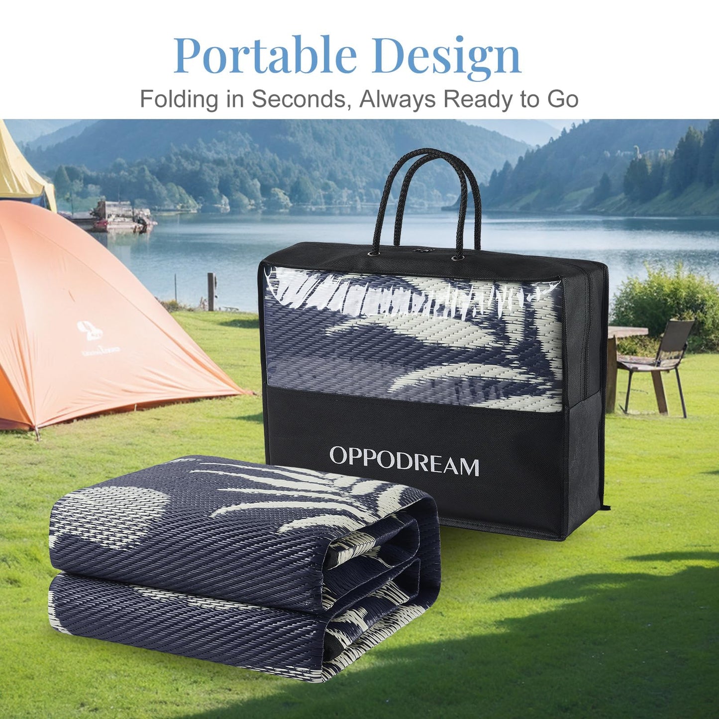 OPPODREAM Reversible Outdoor Rug 8x10, Waterproof Outdoor Plastic Straw Rug for Patio, Tropical Leaf RV Camping Rugs for Outside, Deck, Balcony, Porch, Backyard, Camping, Rv, Navy and Beige