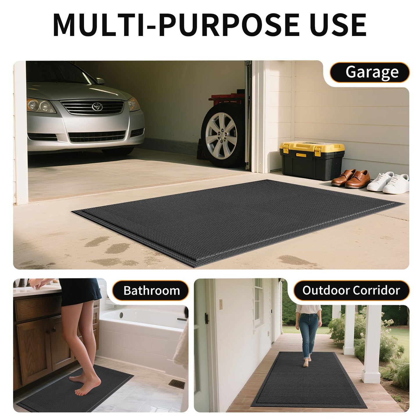 QiCaiJia Front Door Mat 24''x71'', Drainage Heavy Duty Dirt Trapping Non-Slip Doormats, Outdoor Rubber Floor Mats, Restaurant Commercial Kitchen Industral Pool Entrance Bar Wet Area, Black