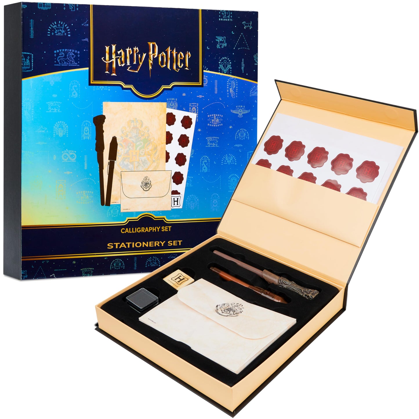 Harry Potter Calligraphy Set with Notepad Wand Pen Magic Invisible Ink Pen Envelopes Paper Cool Stickers Ink Stamp Fun Hogwarts Stationary Gift for Kids