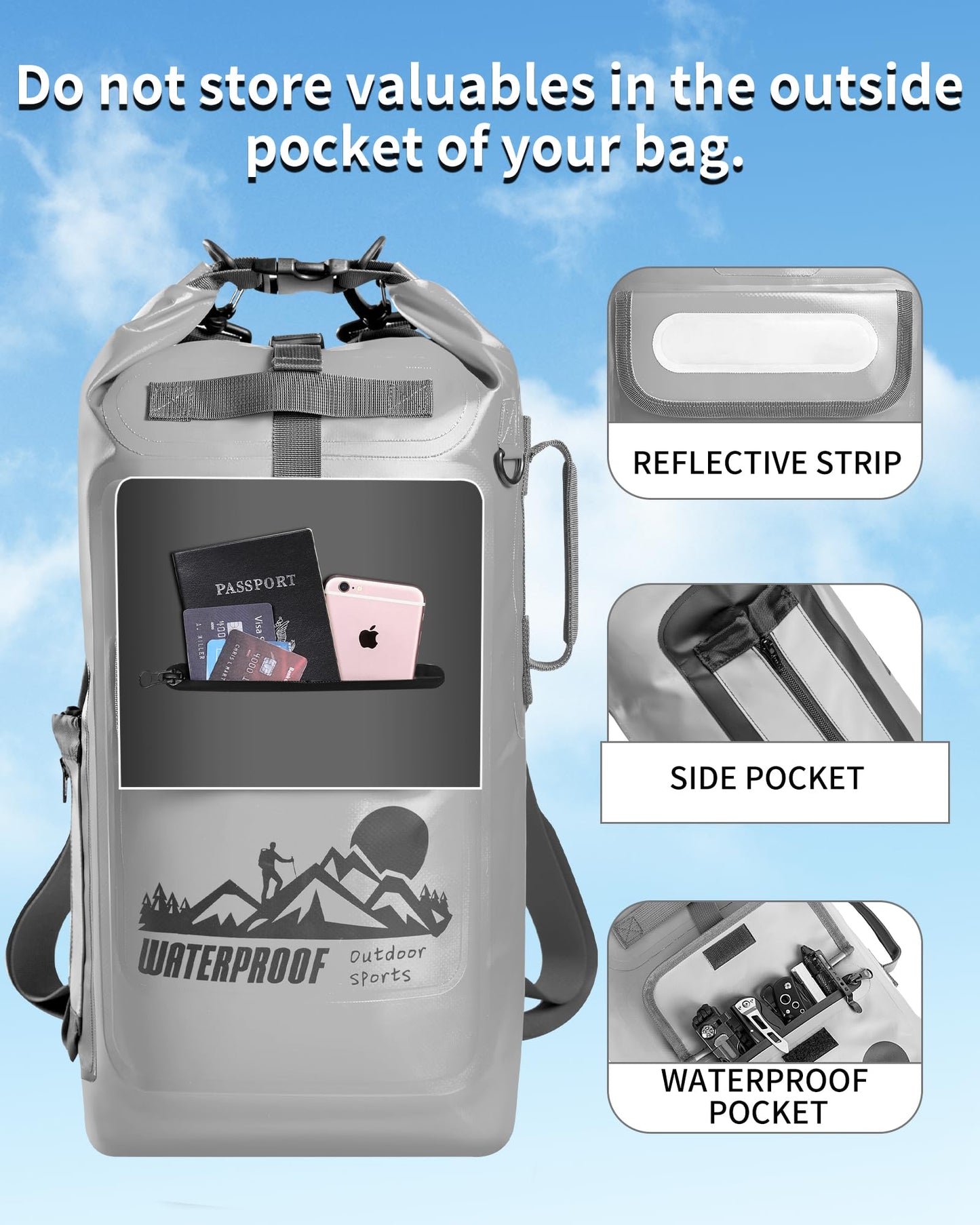 IDRYBAG Dry Bag Backpack Waterproof Floating 20L/30L/40L, Dry Bags Waterproof Backpack for Men, Dry Sack Waterproof Bag Kayak, Gray, 16 long, Hiking Backpack