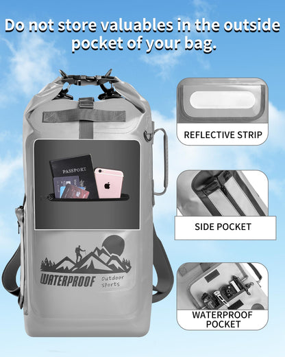 IDRYBAG Dry Bag Backpack Waterproof Floating 20L/30L/40L, Dry Bags Waterproof Backpack for Men, Dry Sack Waterproof Bag Kayak, Gray, 16 long, Hiking Backpack