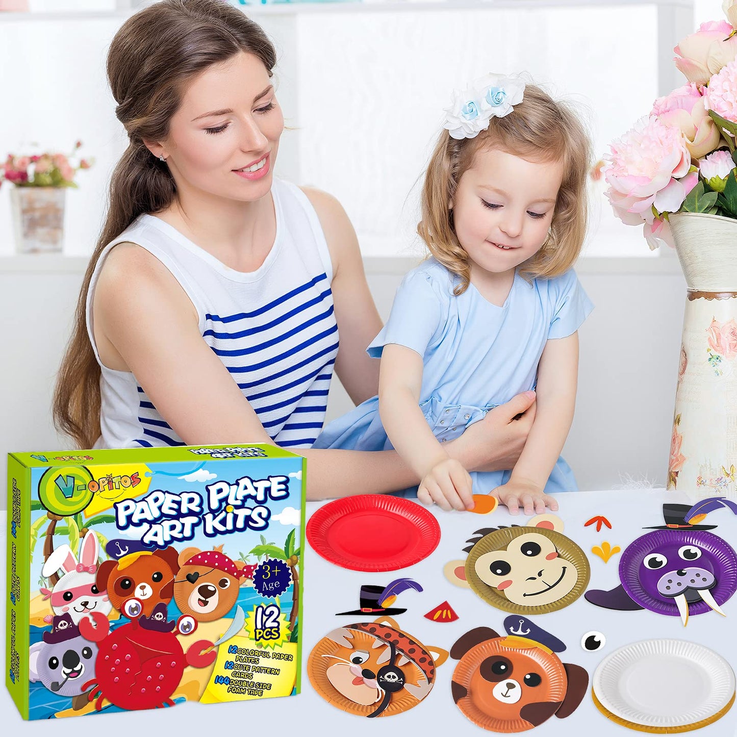 V-Opitos Arts and Crafts Kits for Kids, 12 Pack Paper Plate Crafts, Simple Animal Crafts for Toddler Age of 3, 4, 5 Years Old, Fun Preschool Classroom Activity Project for Boy & Girl