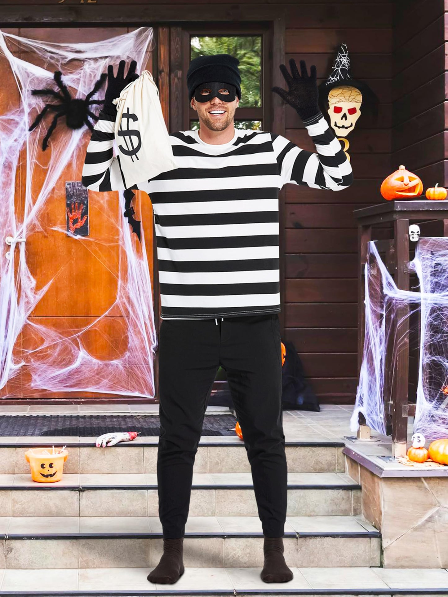 URATOT Halloween Robber Costume Set, Include Striped Long Sleeve T-Shirt Knit Cap Gloves Canvas Bags and Eye Mask