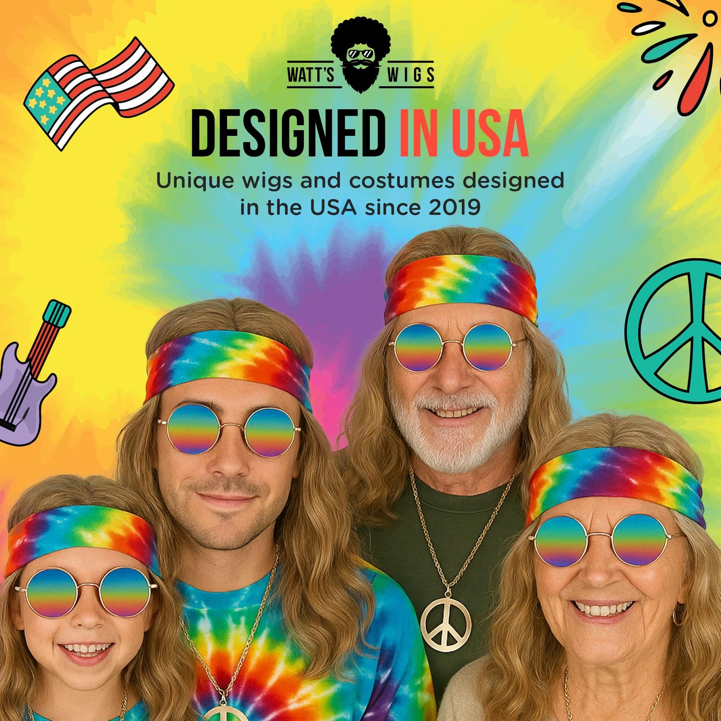 Watt's Wigs - Hippie Costume Set, Brown Wig, Tie Dye Headband, Rainbow Sunglasses, and Peace Medallion Necklace - 60s or 70s Hippy Woodstock Cosplay