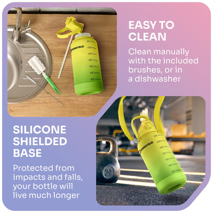 EnergyBud 1 Gallon Water Bottle Removable Straw And Handle Dishwasher-Safe BPS & BPA & DEHP Free +2 Brushes Big/Large Bottle With Time Markers Wide Mouth Leakproof 128 oz Jug (Yellow & Green)