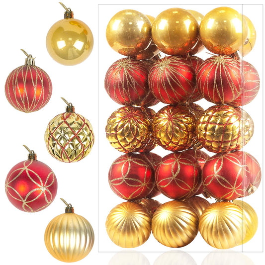 30ct Christmas Ball Ornaments, Glitter&Painting 60mm/2.36" Shatterproof Christmas Tree Decorations, Hanging Baubles Decor Set for Xmas/Holiday/Party/Wedding, Contrast Color Pendants(Gold Red)