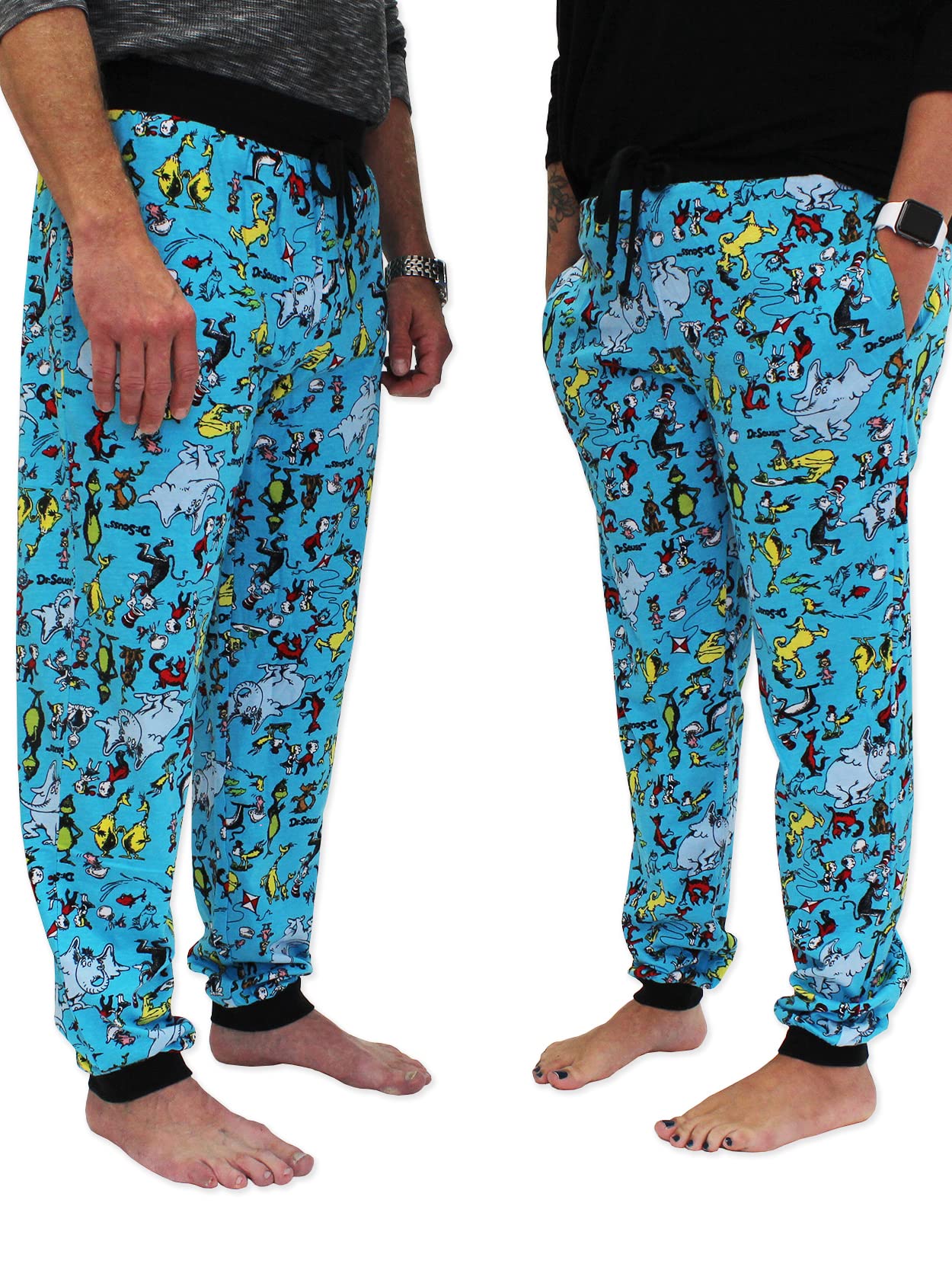 Dr. Seuss Characters Grinch Cat in the Hat Mens Holiday Jogger Pajama Pant (Medium, Blue)