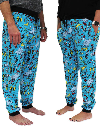 Dr. Seuss Characters Grinch Cat in the Hat Mens Holiday Jogger Pajama Pant (Medium, Blue)